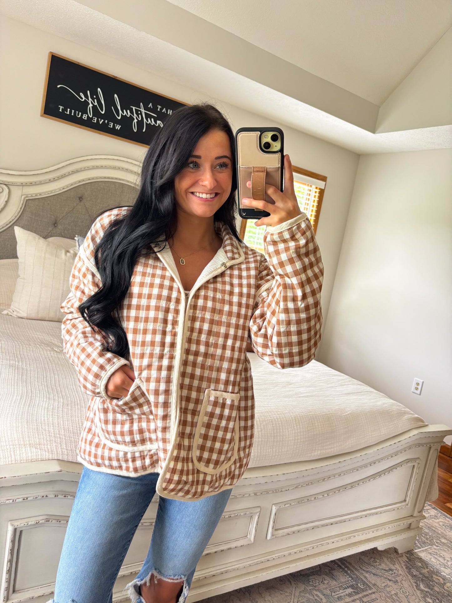Gracelyn Gingham Quilted Jacket- Camel
