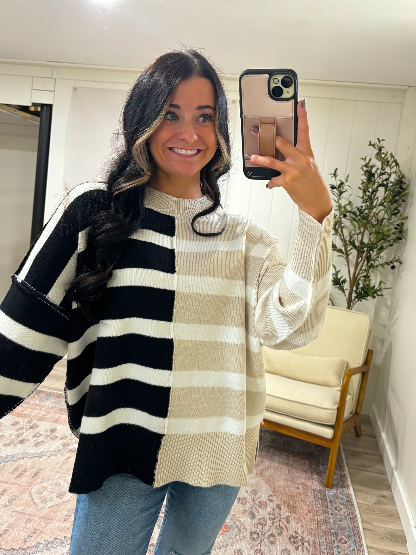 Chaisley Striped Color Block Sweater- Black/Cream