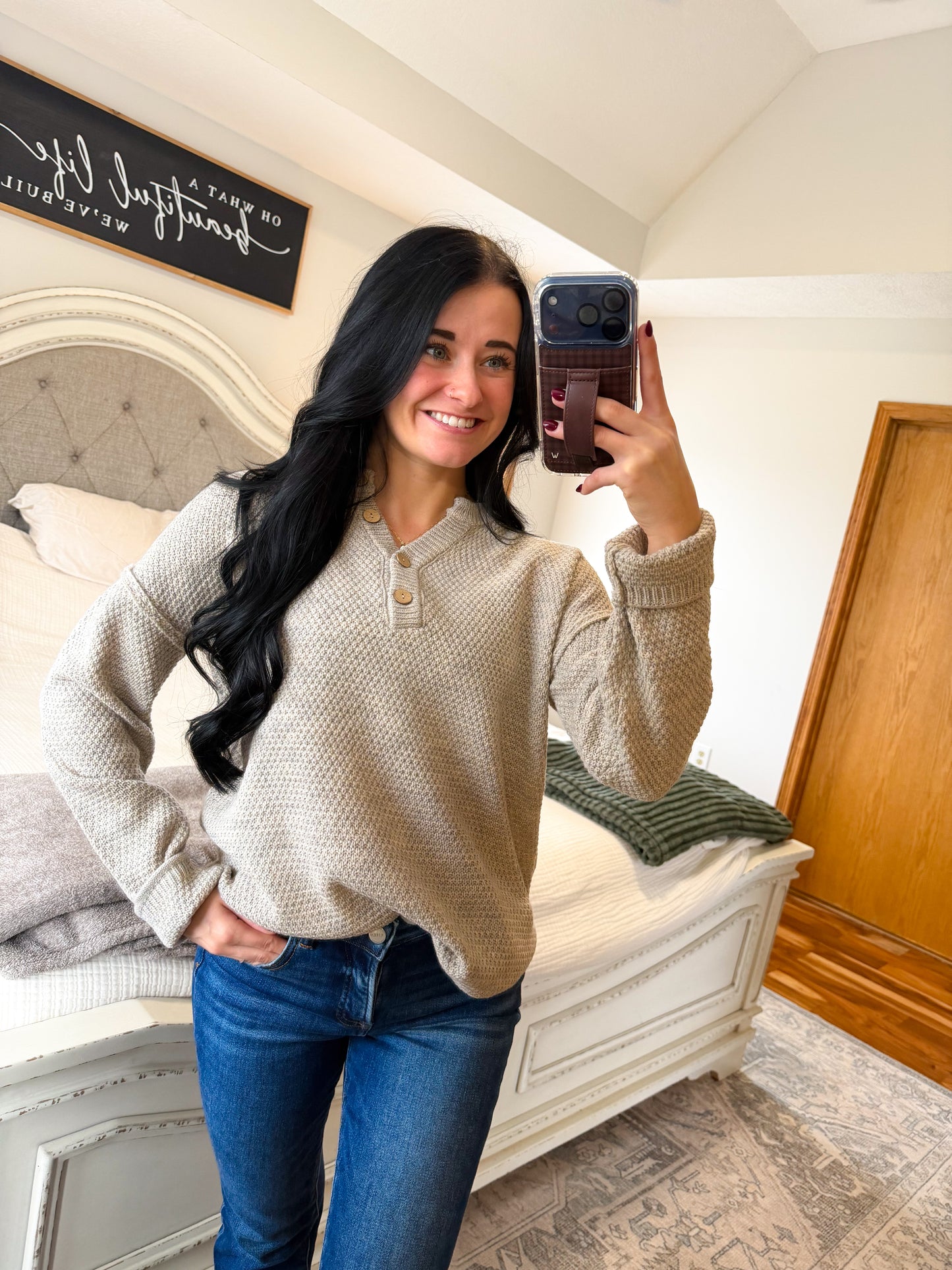 Henley Sweater- Heathered Beige