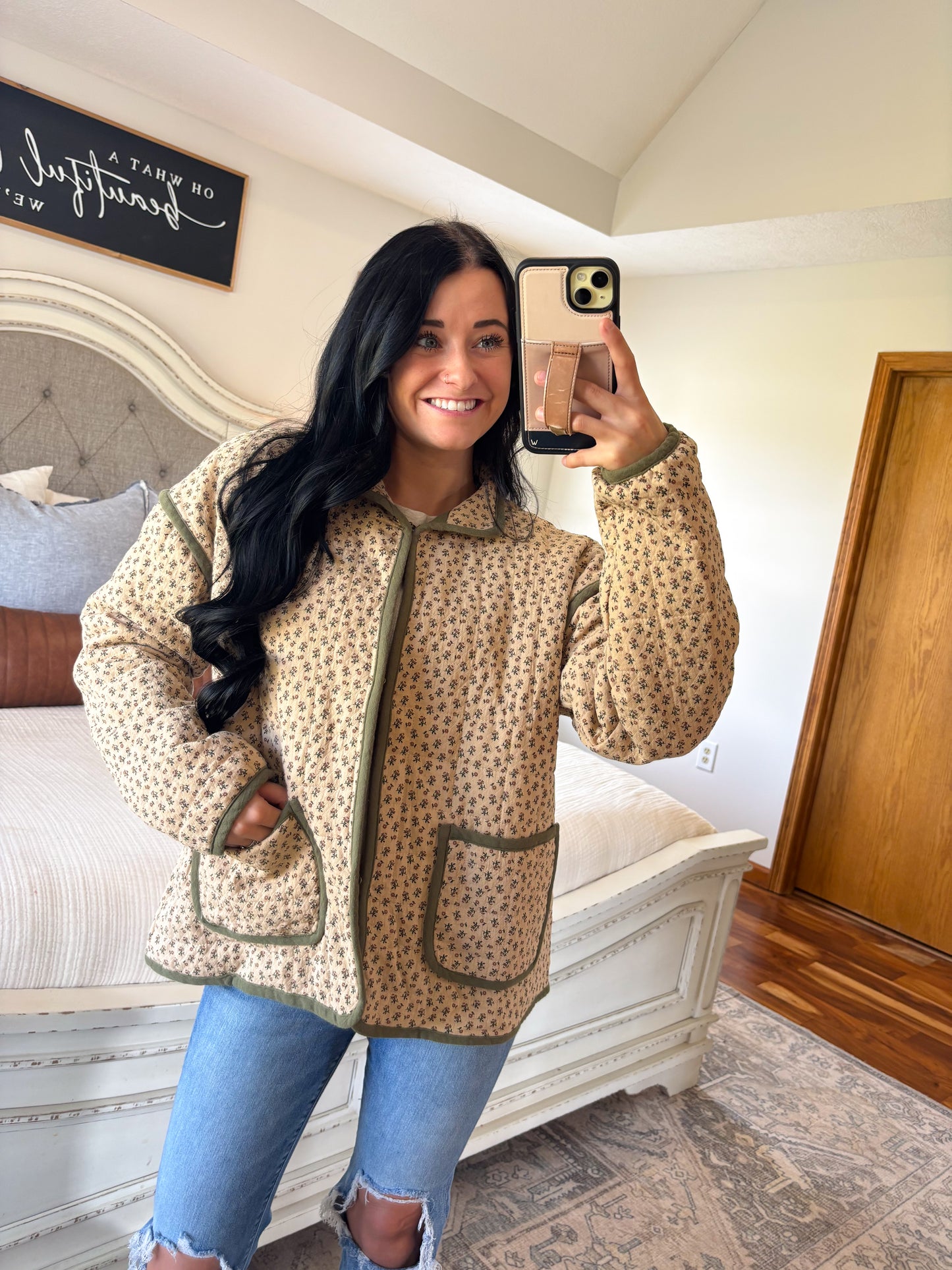 Gracelyn Floral Quilted Jacket- Taupe and Olive