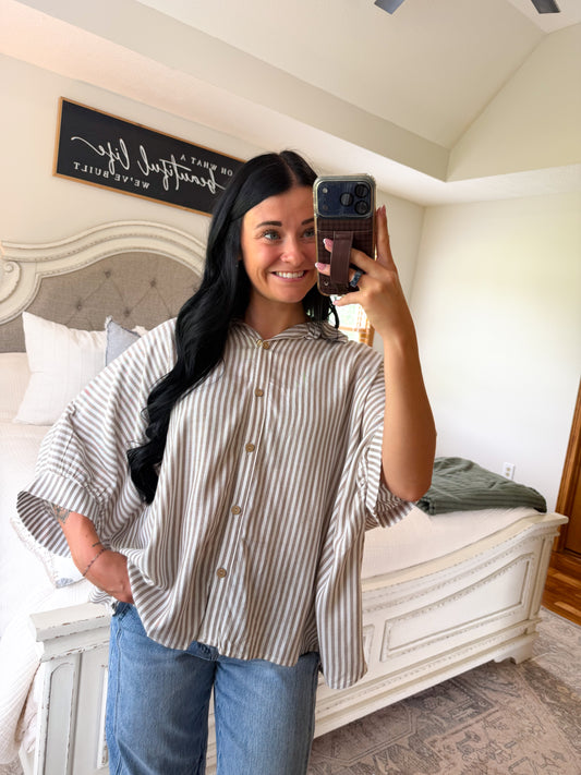Striped Linen Button Down - Taupe
