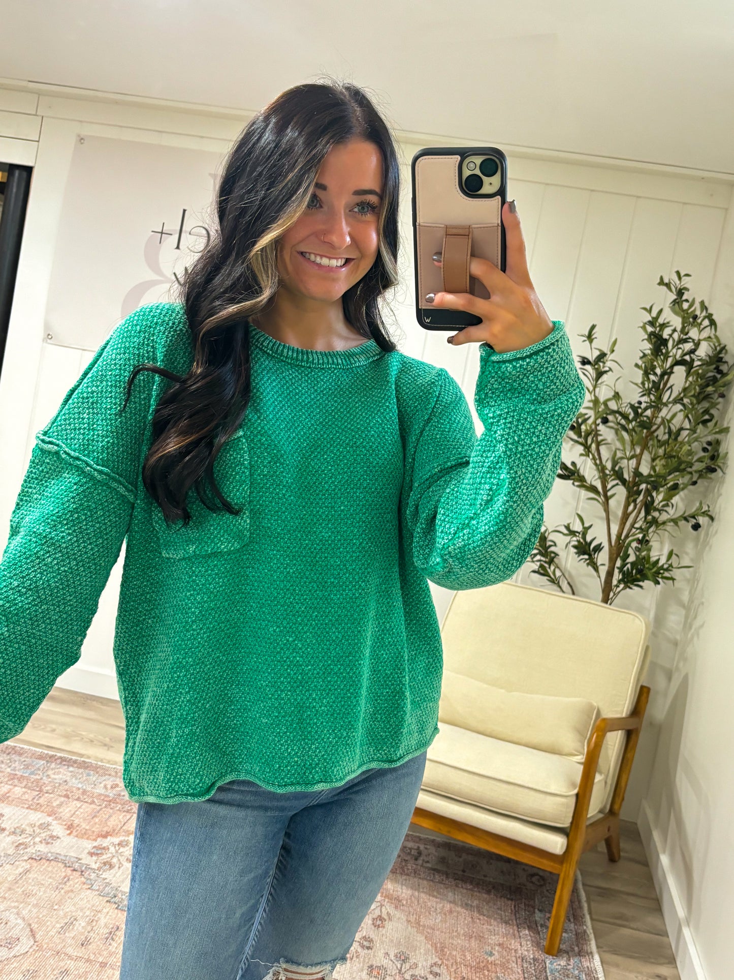 Mineral Washed Knit Sweater Top- Apple Green