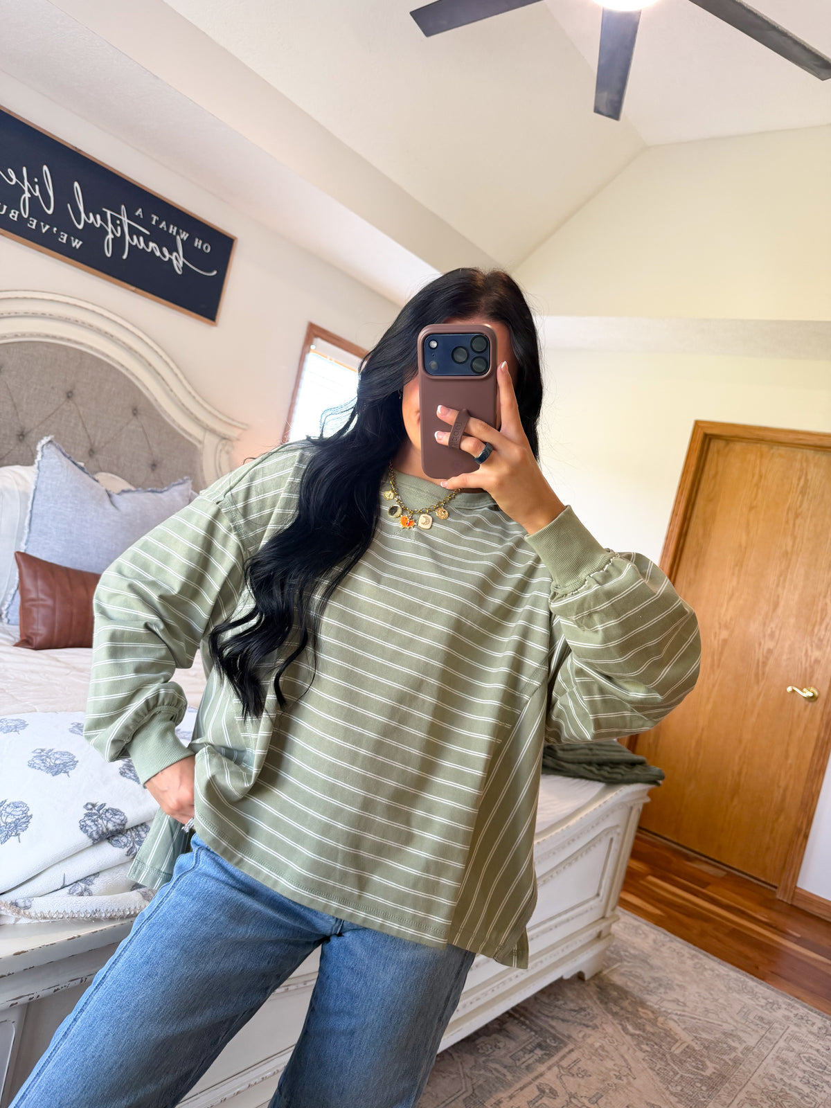 Beck Striped Top- Dusty Olive