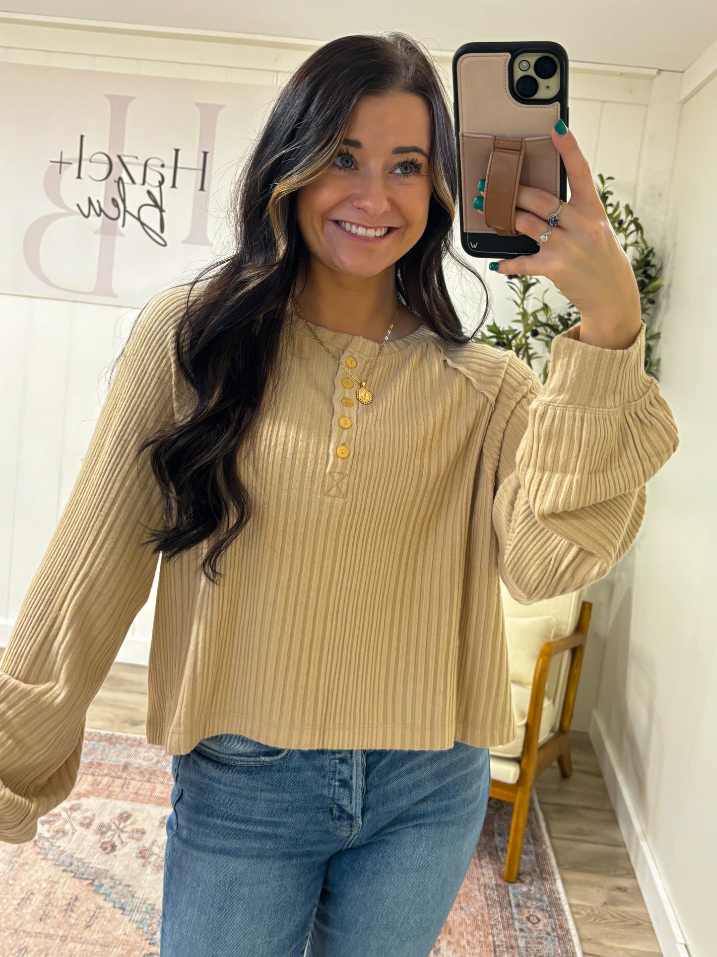 Ribbed Henley Top- Taupe