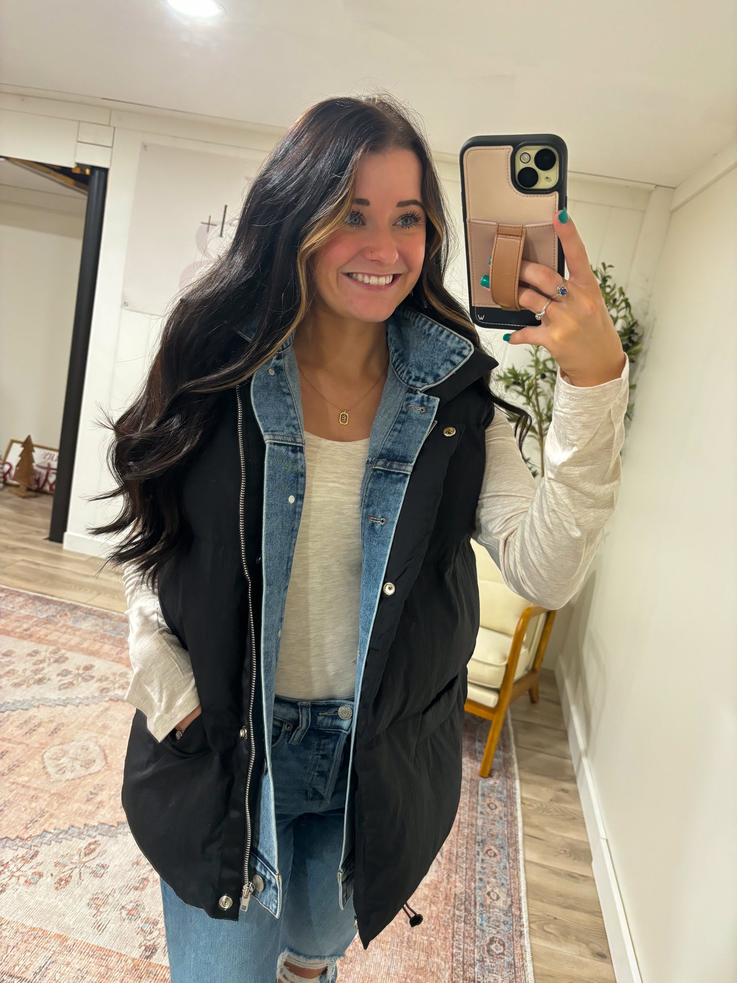 Denim Layered Puffer Vest- Black