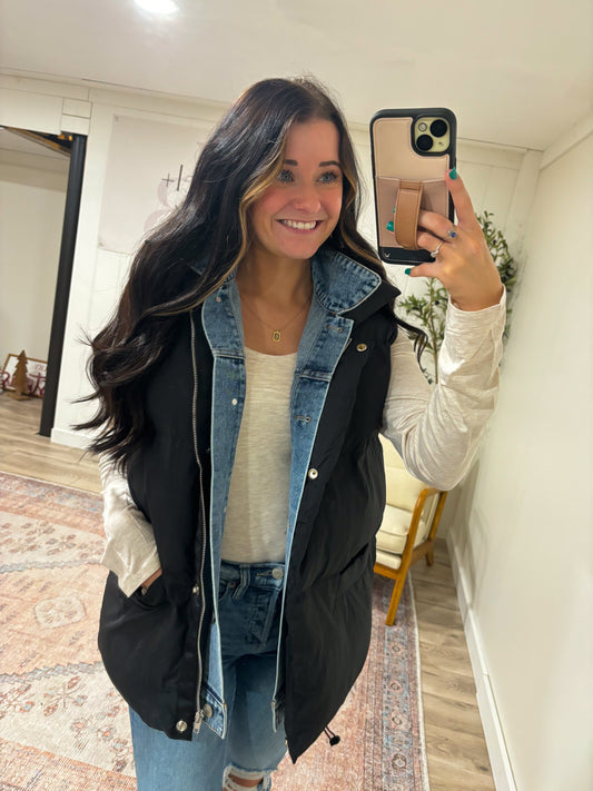 Denim Layered Puffer Vest- Black