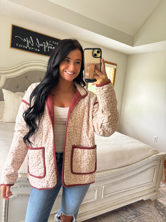 Gracelyn Floral Quilted Jacket- Dusty Maroon
