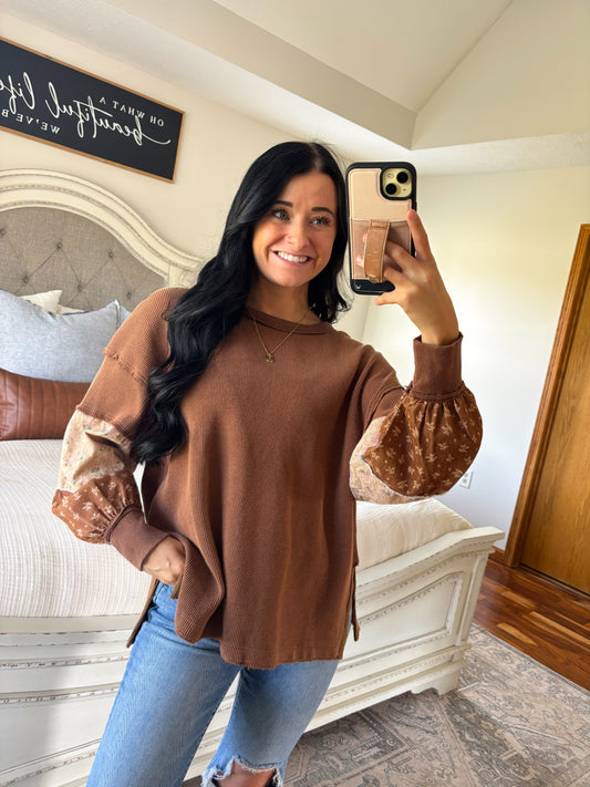 Paisley Mixed Media Top- Sepia