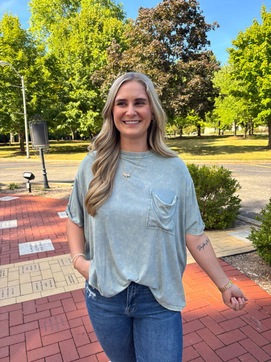 Relaxed Droopy Pocket Tee- Ash Blue