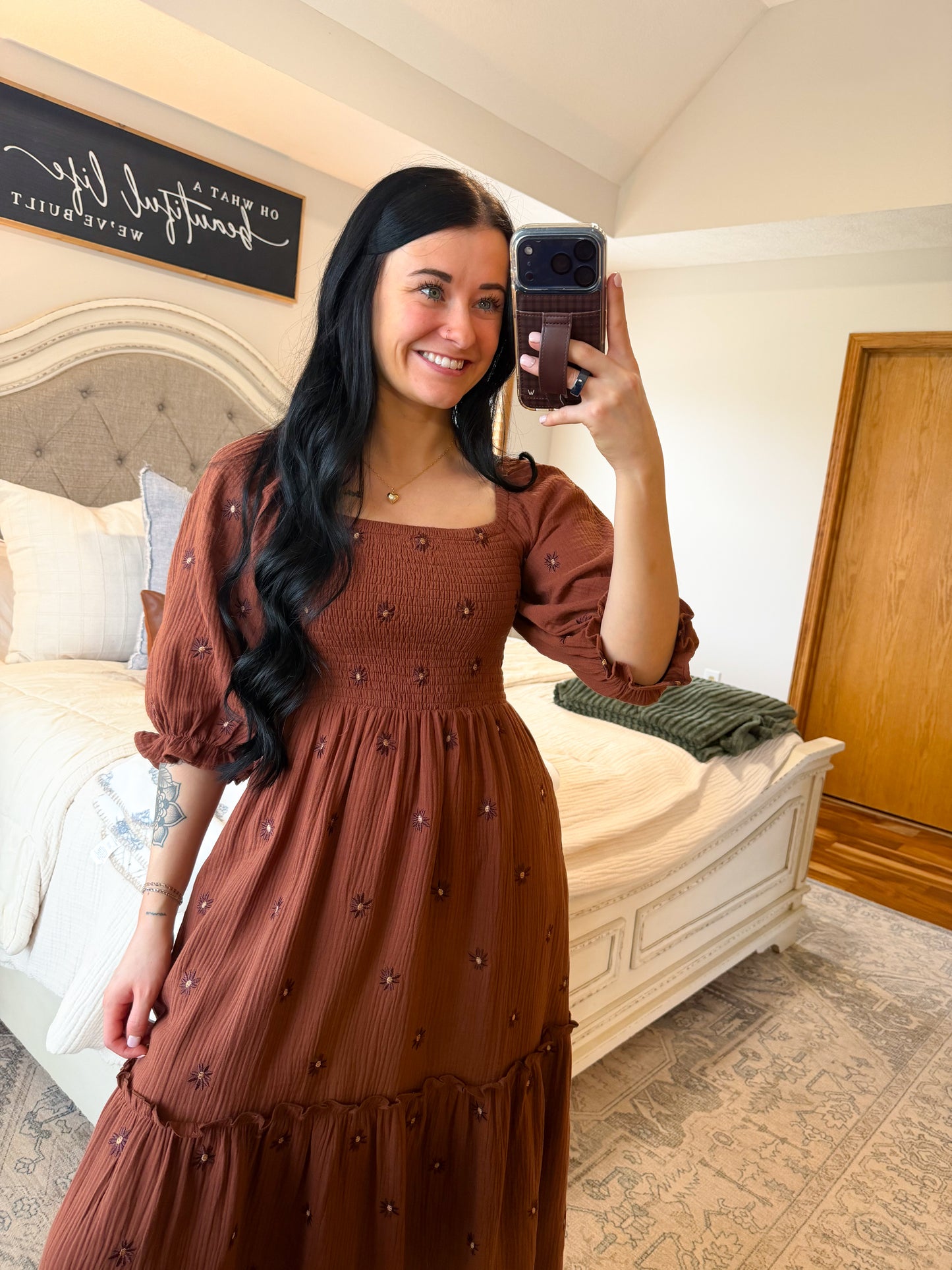 Rosey Floral Embroidered Maxi Dress- Chocolate