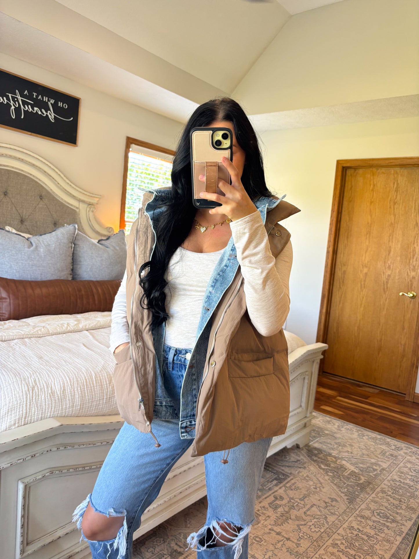Denim Layered Puffer Vest- Mushroom