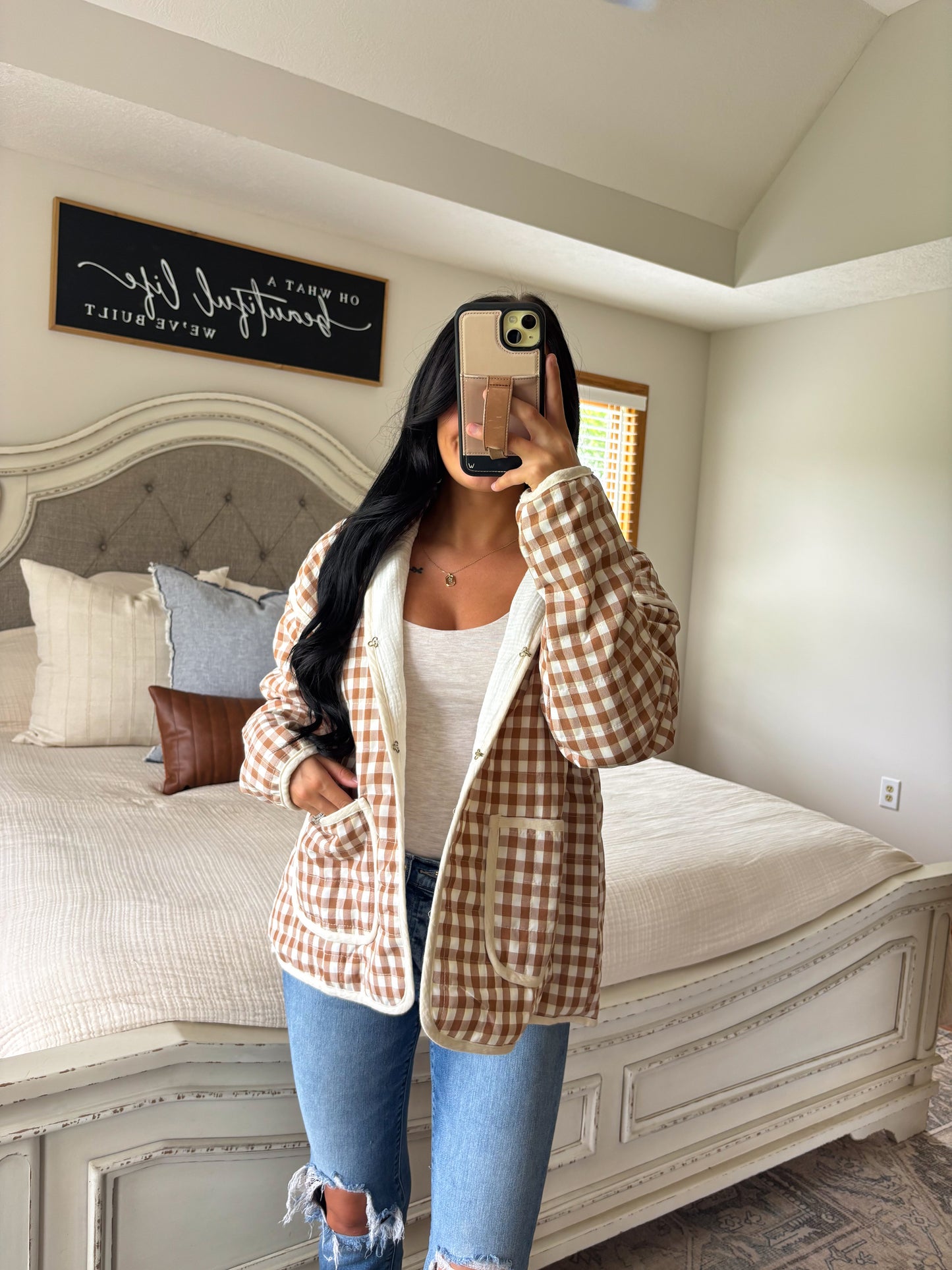 Gracelyn Gingham Quilted Jacket- Camel