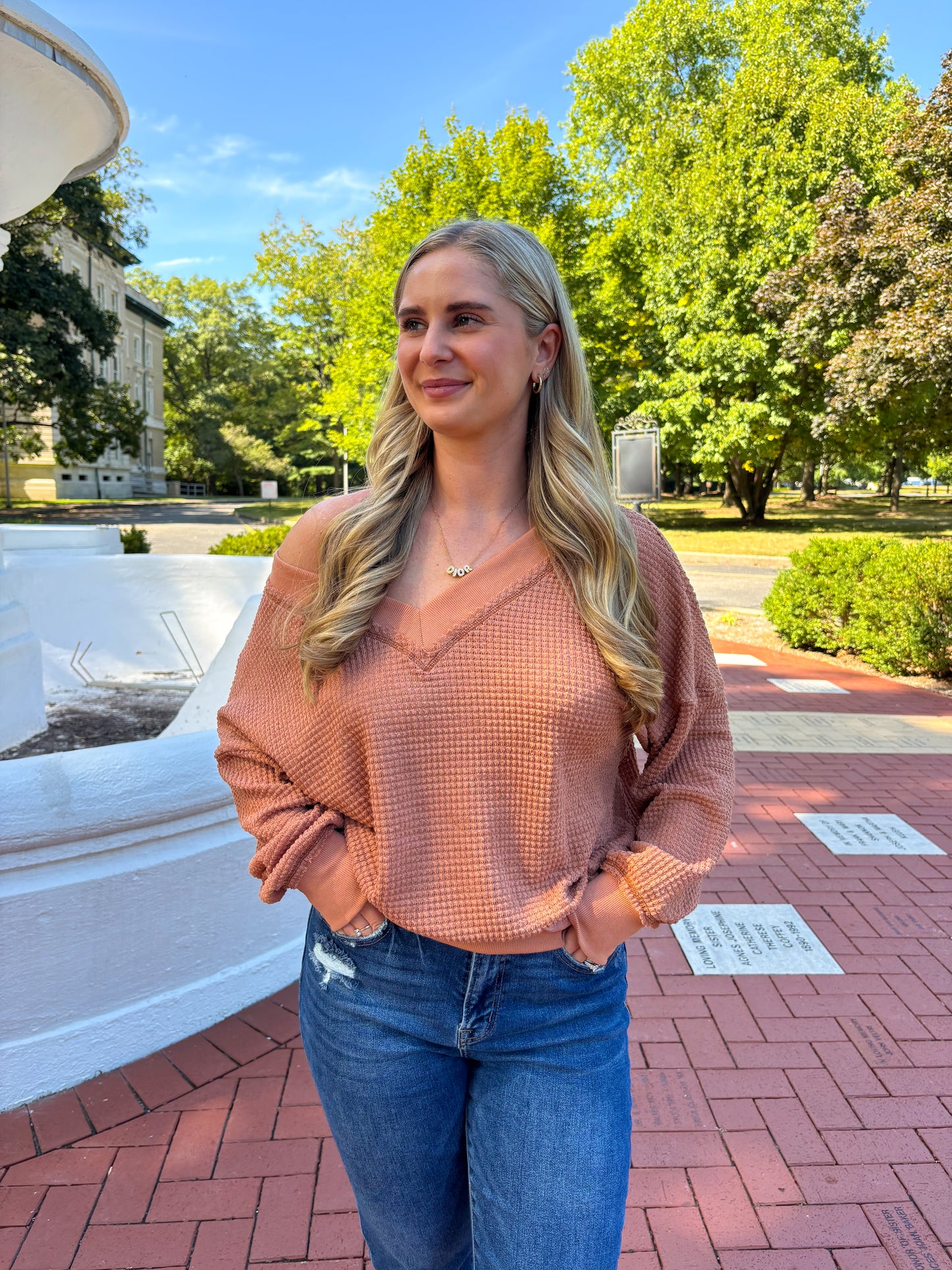 Sophia Waffle Knit Top- Clay