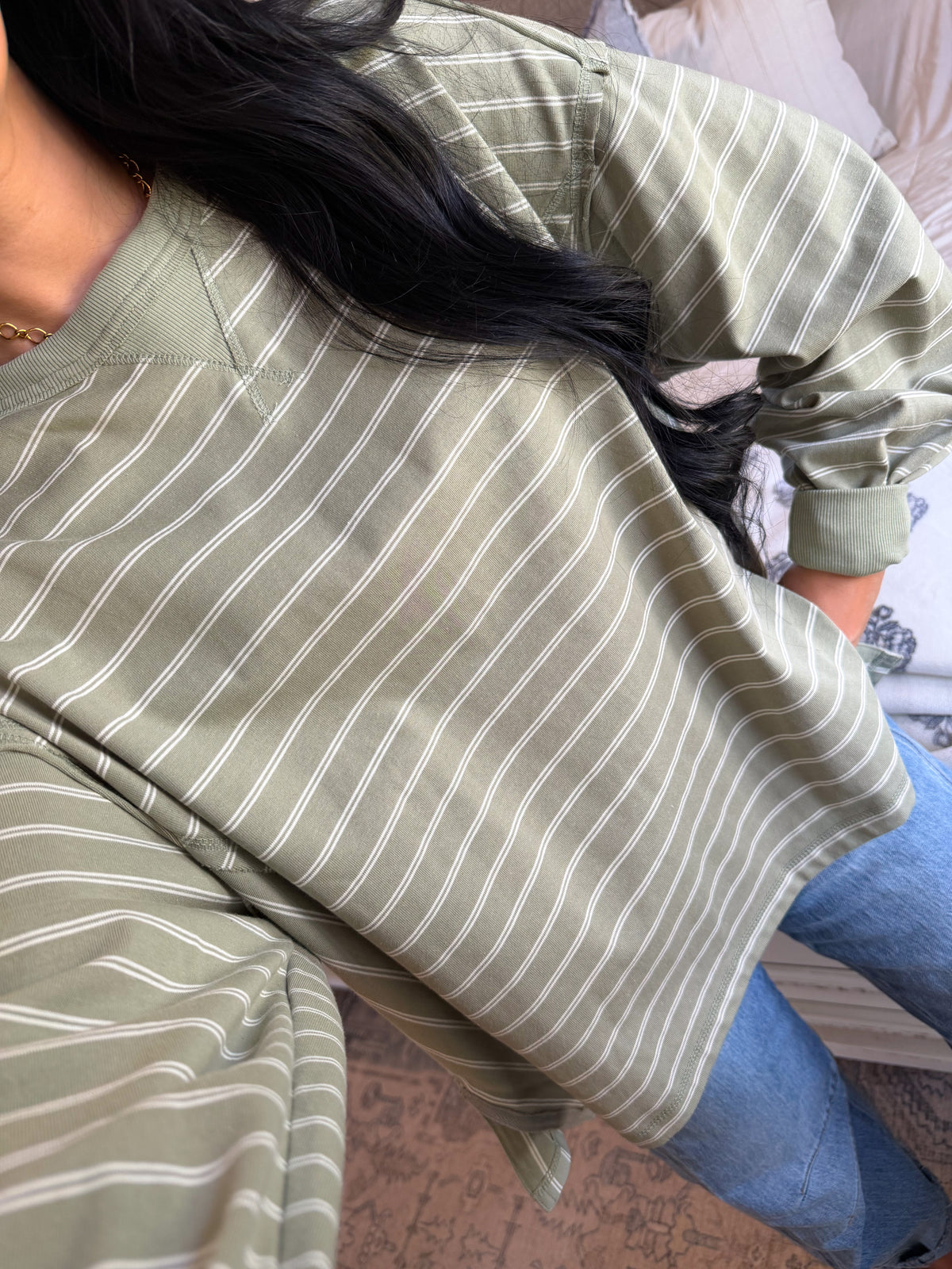 Beck Striped Top- Dusty Olive