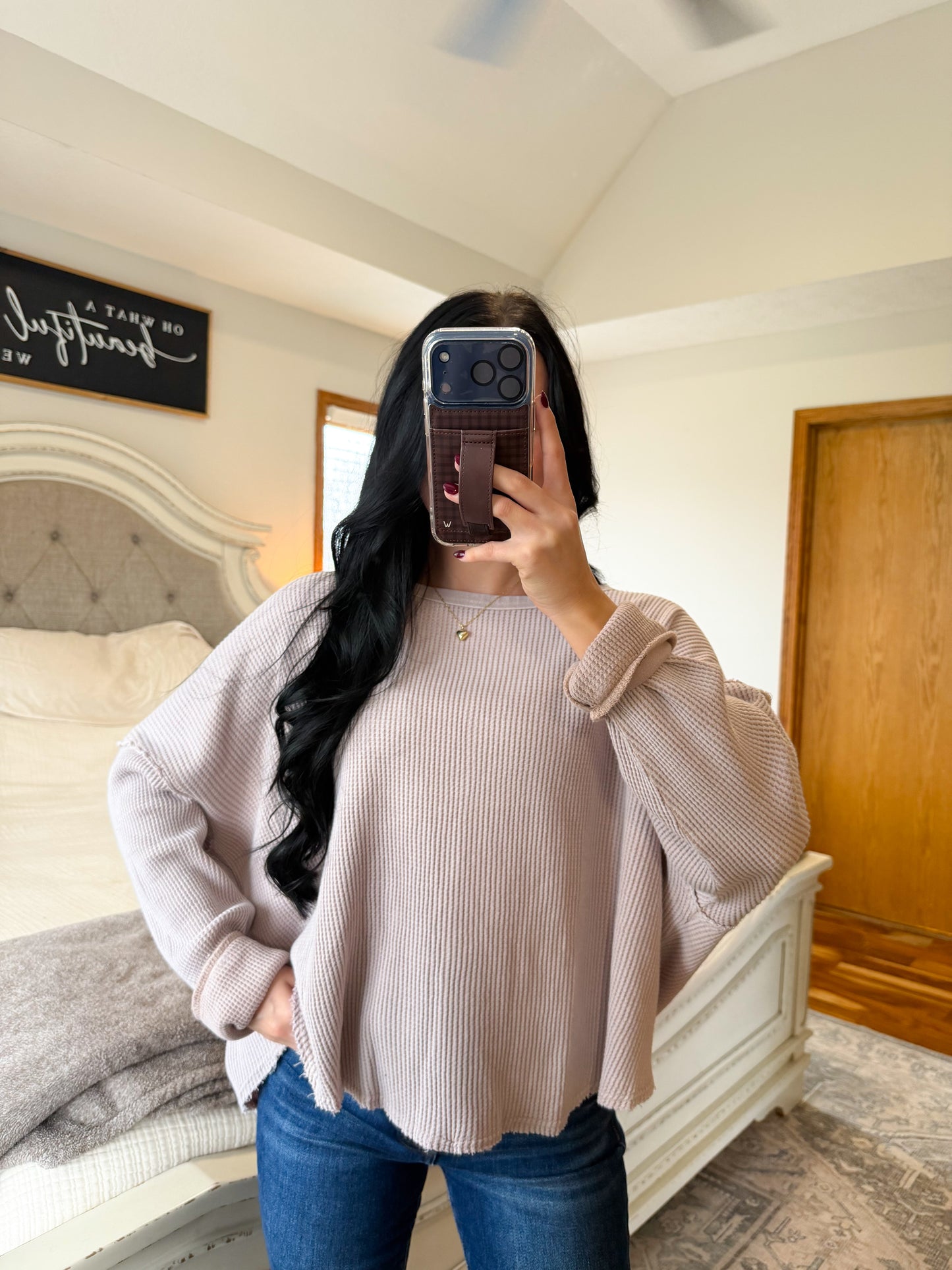 Waffle Knit Top- Light Taupe