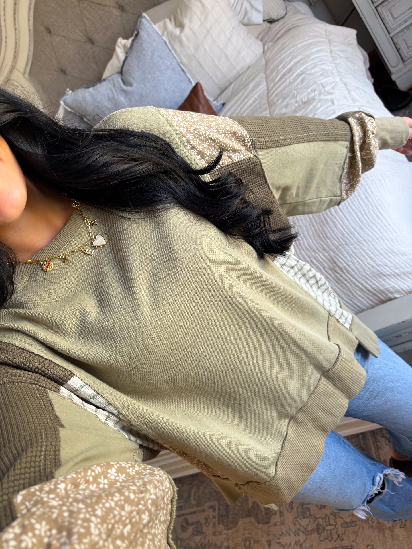 Olive Mixed Media Pullover