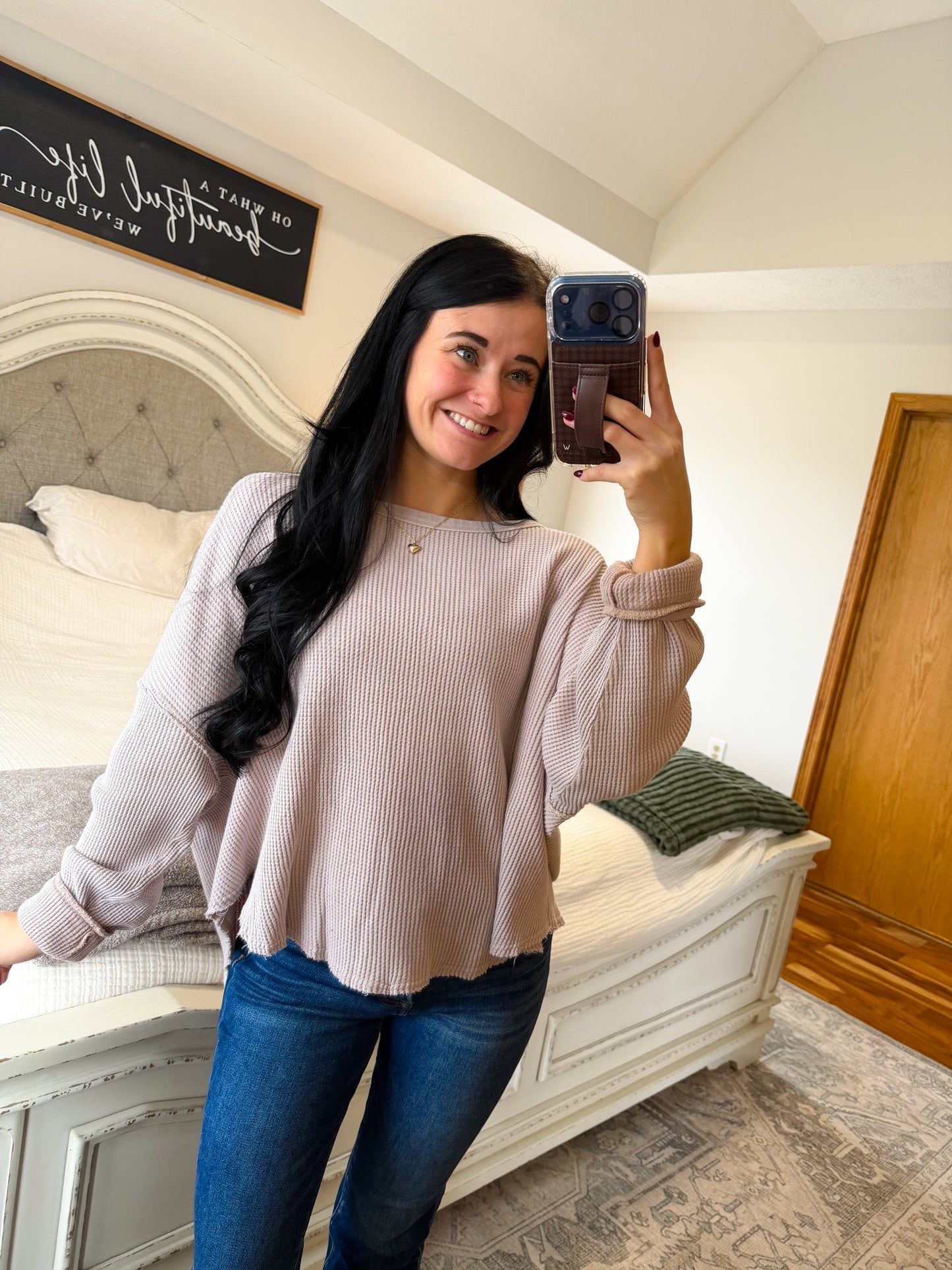 Waffle Knit Top- Light Taupe