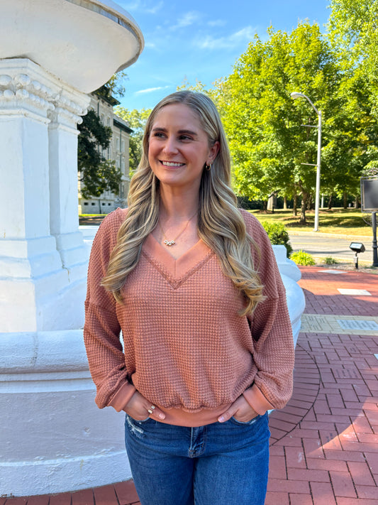Sophia Waffle Knit Top- Clay