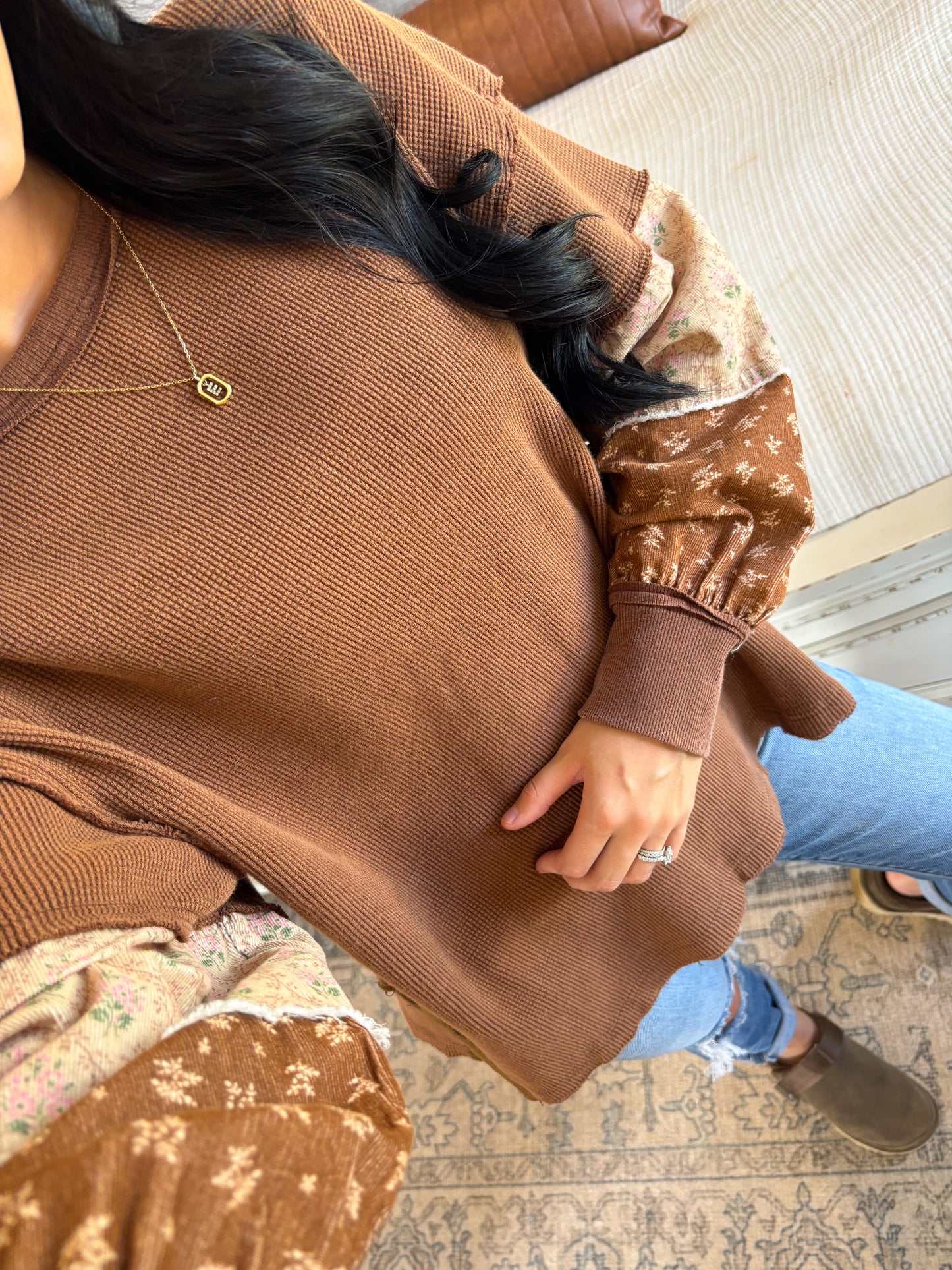 Paisley Mixed Media Top- Sepia