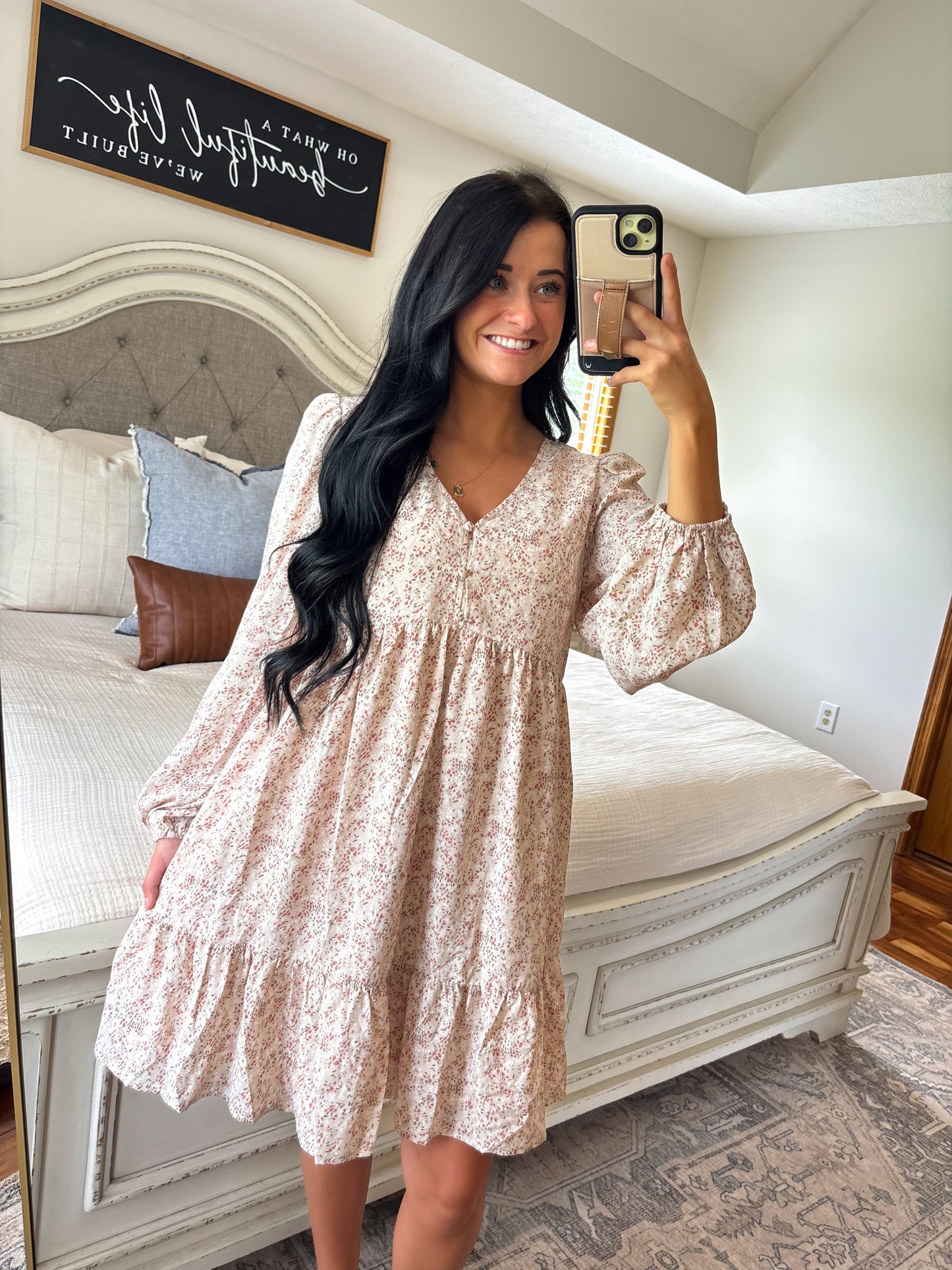 Floral Short Dress- Rosa Beige