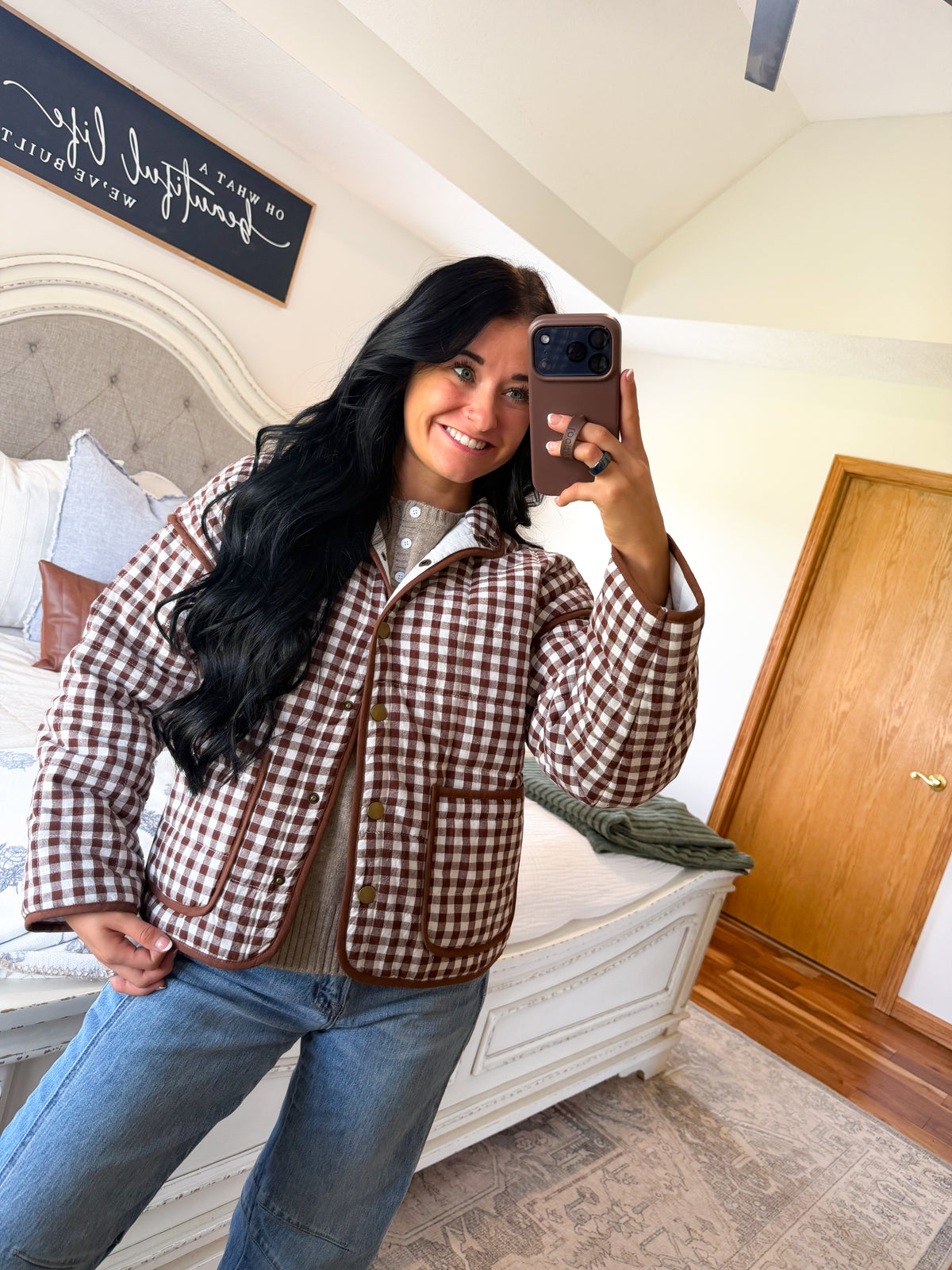 Gracie Gingham Quilted Jacket- Brown