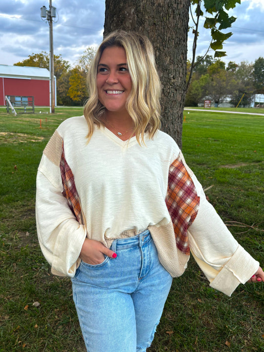 Plaid Mixed Media Hayride Sweater- Marshmellow