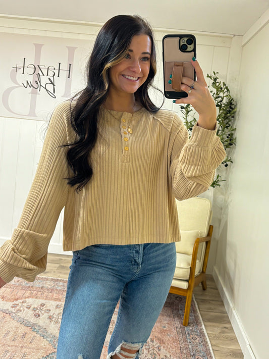 Ribbed Henley Top- Taupe