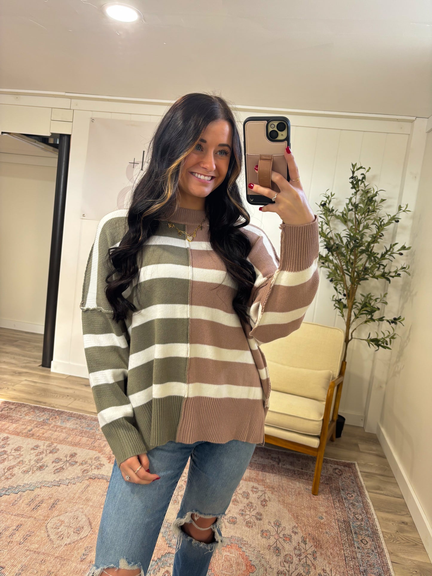 Chaisley Striped Colorblock Sweater- Dry Herb/ Dusty Mauve