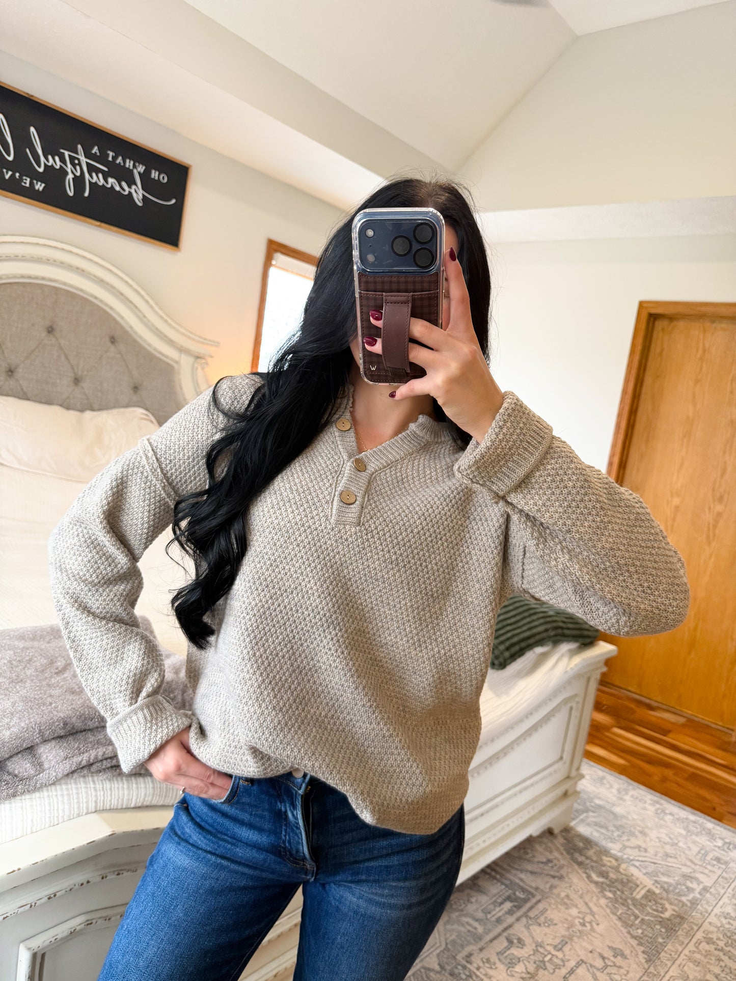 Henley Sweater- Heathered Beige