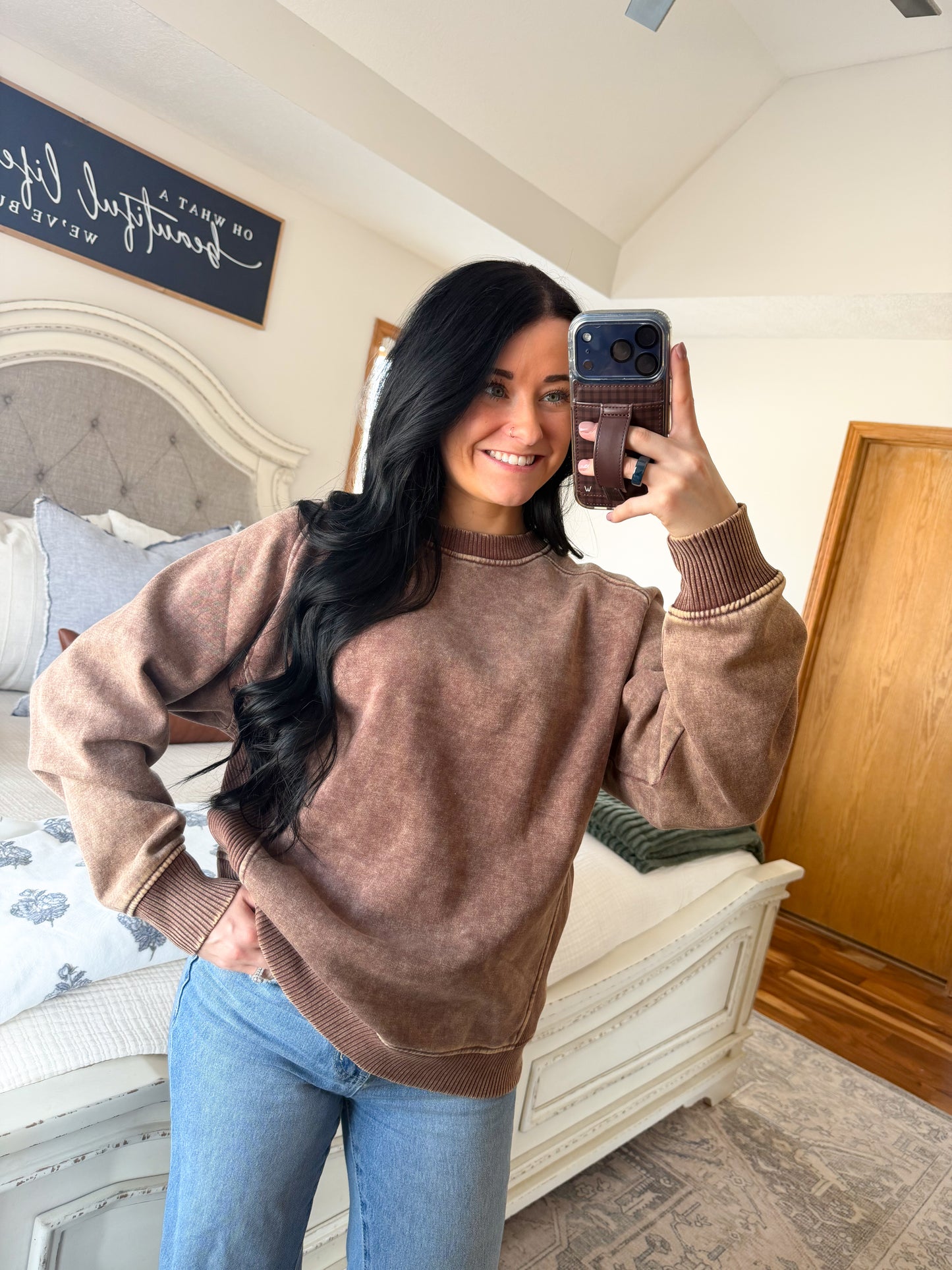 Side Ribbed Pullover- Brown