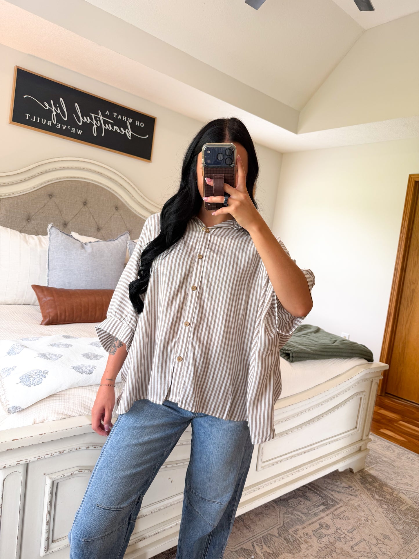 Striped Linen Button Down - Taupe