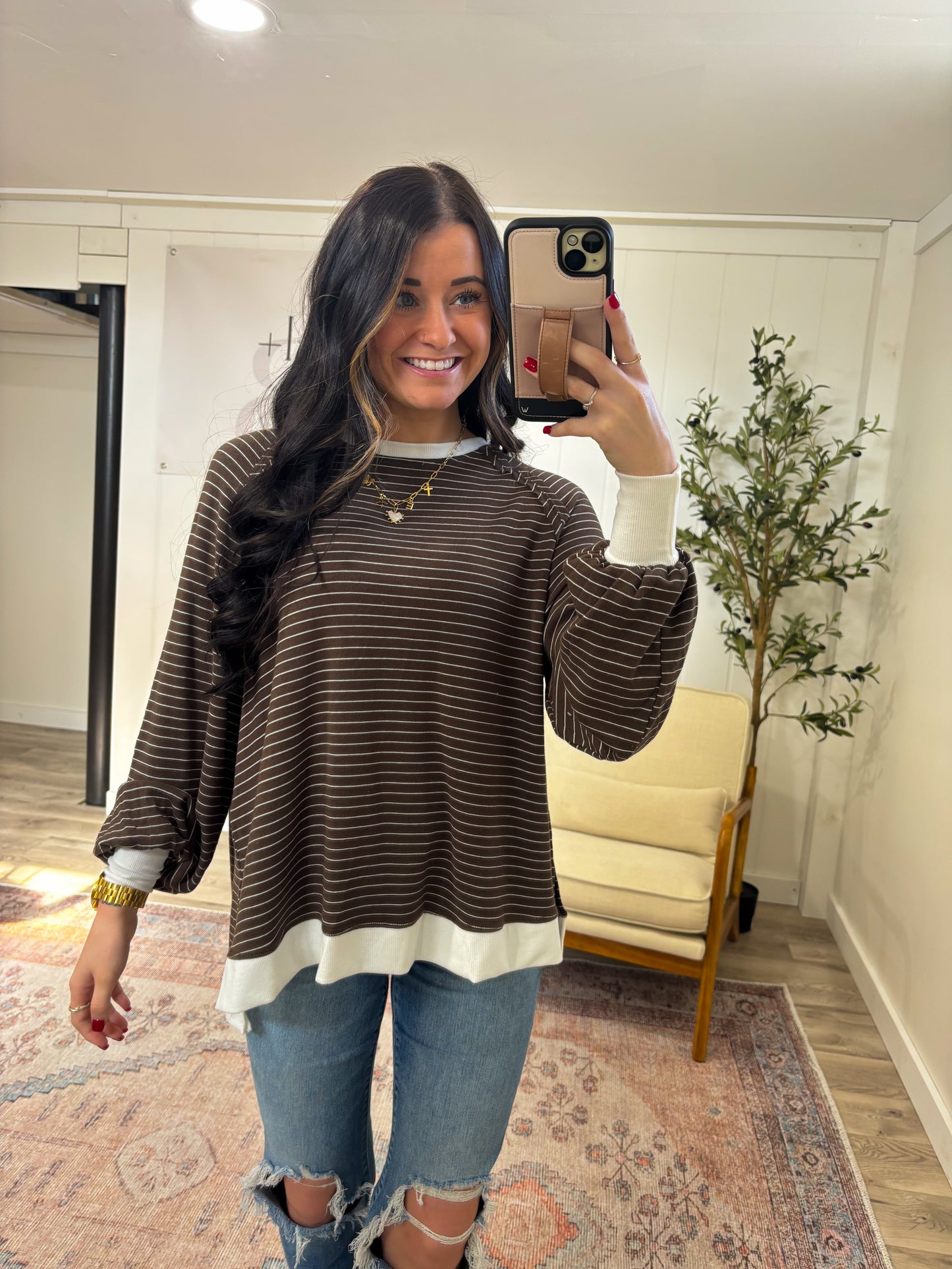 Beck Striped Long Sleeve Top- Dark Chocolate