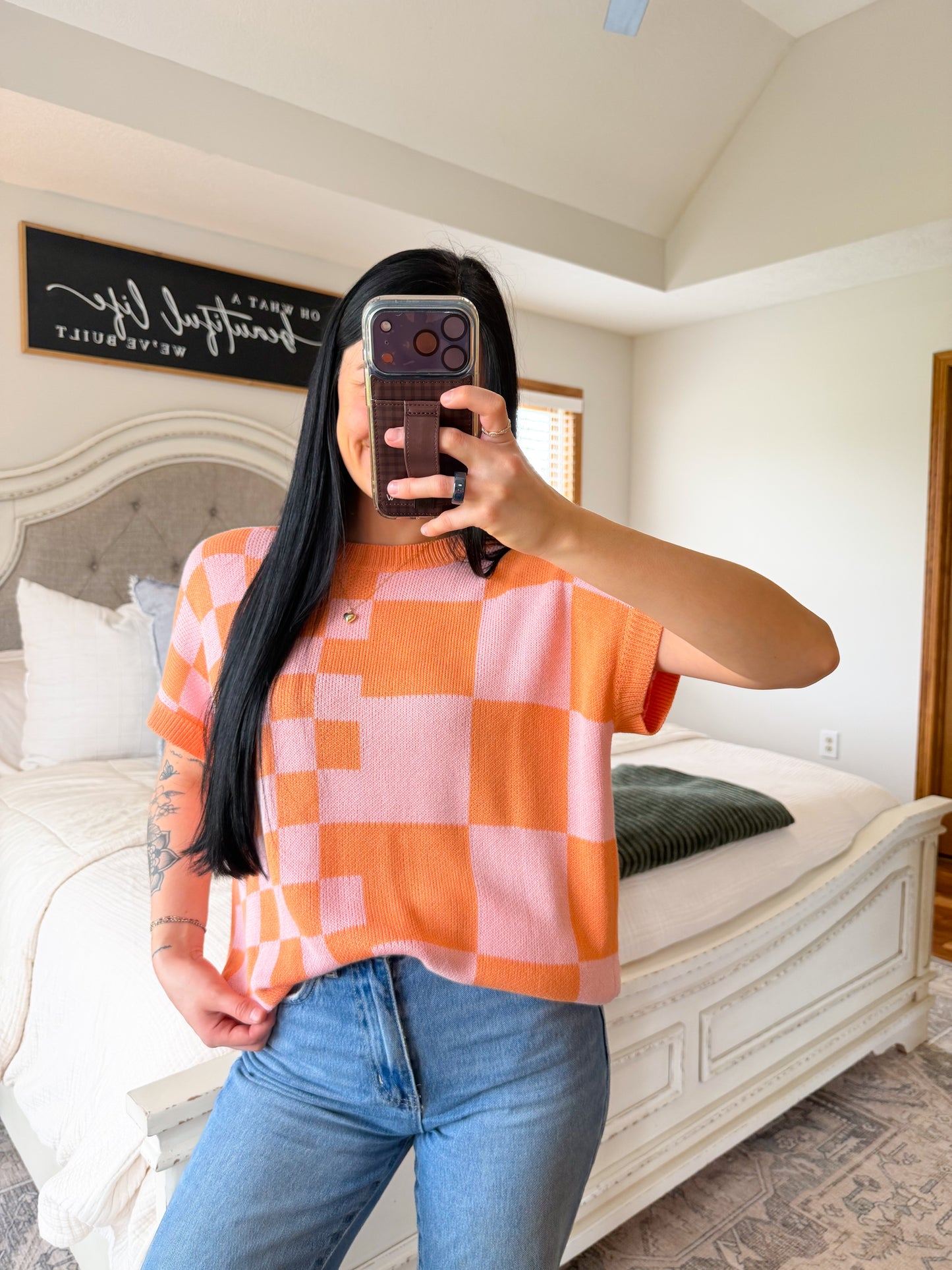 Checkered Knit Sweater Top