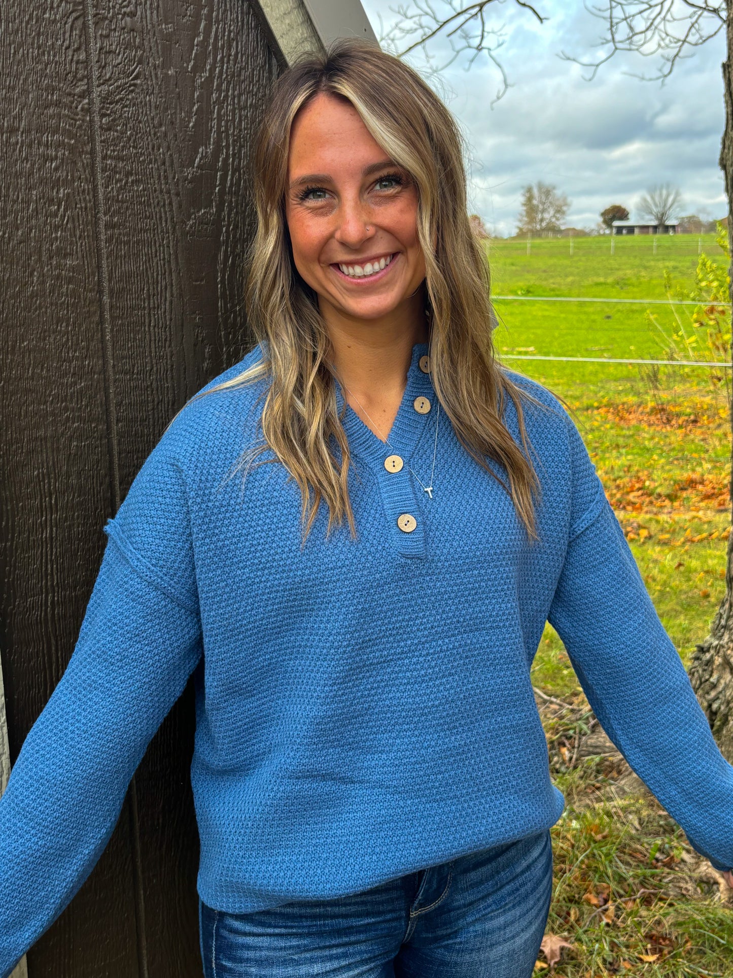 Henley Sweater- 2 colors! (Dusty Blue + Tan)