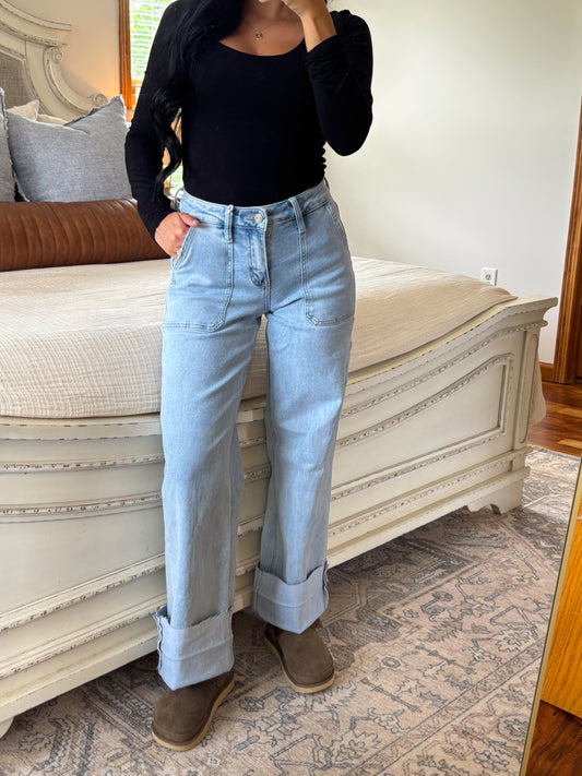 High Rise Cuffed Wide Leg Jeans