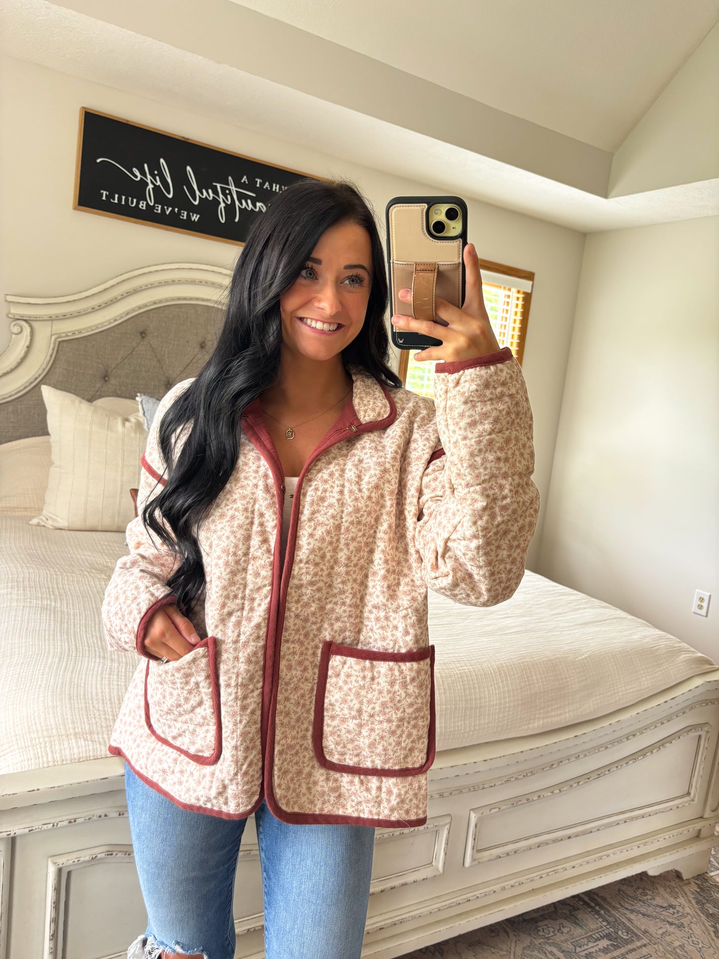 Gracelyn Floral Quilted Jacket- Dusty Maroon