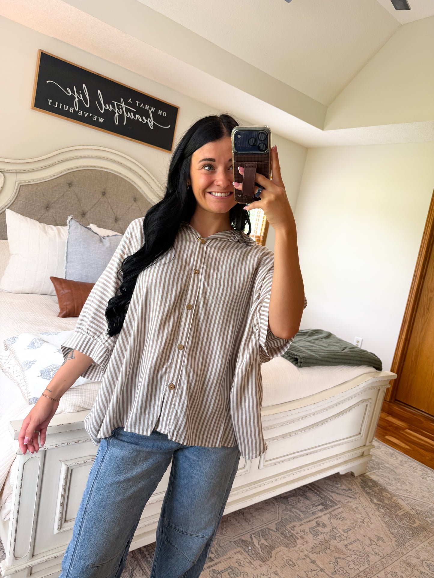 Striped Linen Button Down - Taupe