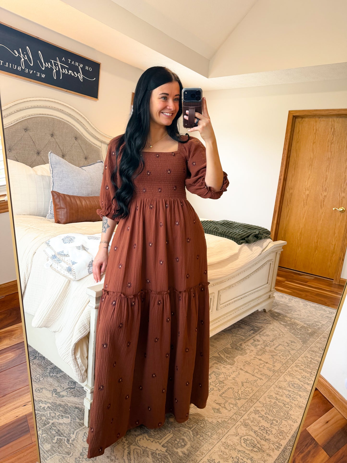 Rosey Floral Embroidered Maxi Dress- Chocolate