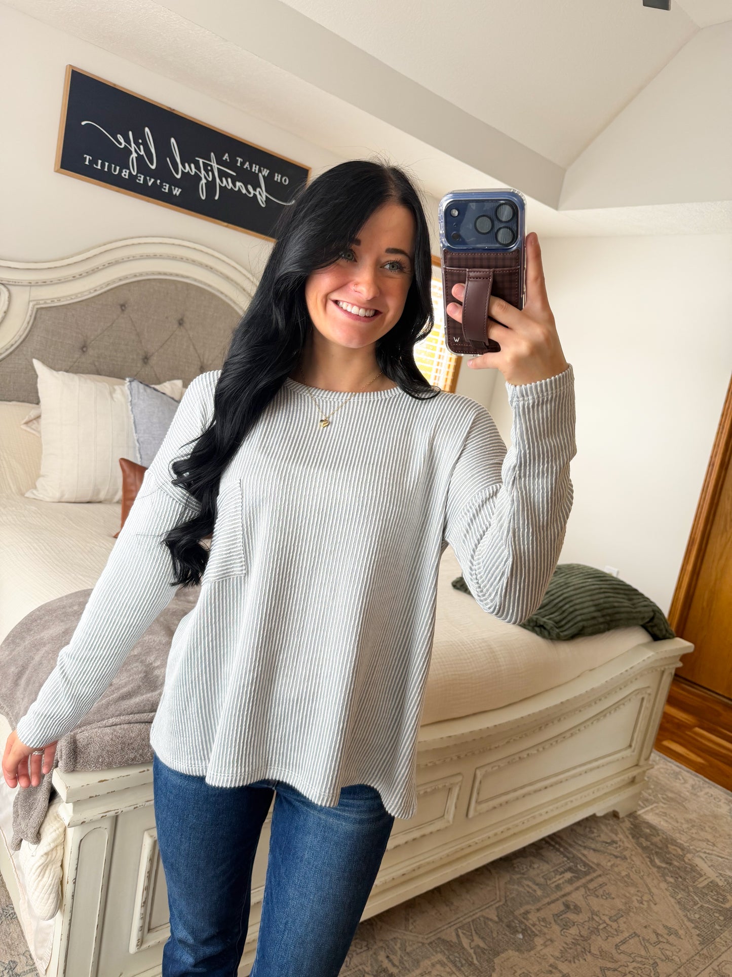 Cassidy Long Sleeve Ribbed Top- Lt Grey
