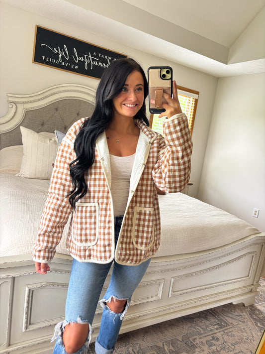 Gracelyn Gingham Quilted Jacket- Camel