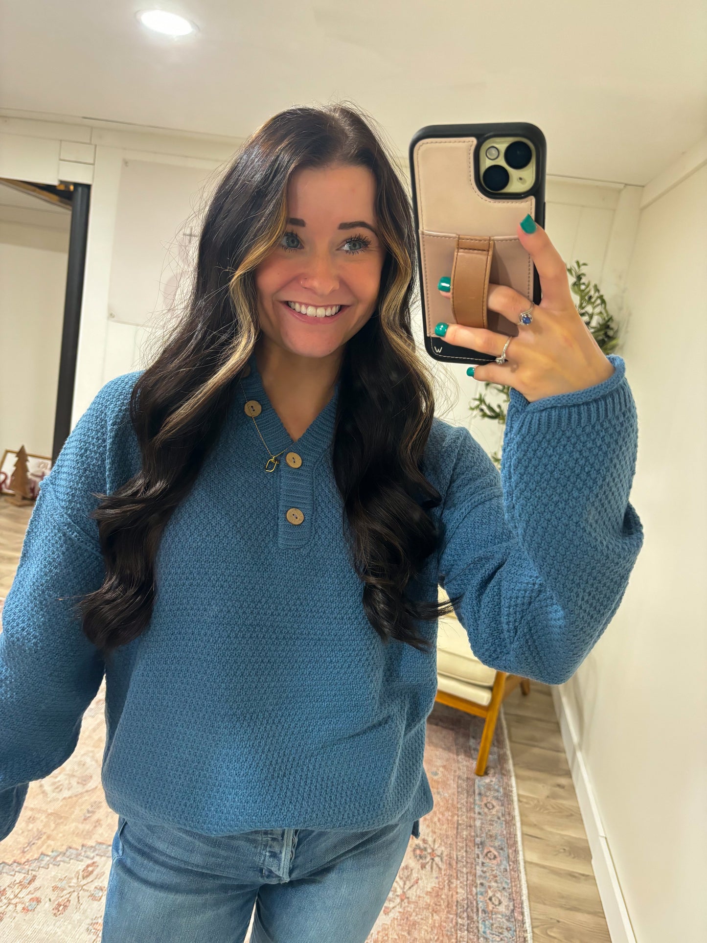 Henley Sweater- 2 colors! (Dusty Blue + Tan)