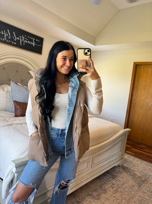Denim Layered Puffer Vest- Mushroom