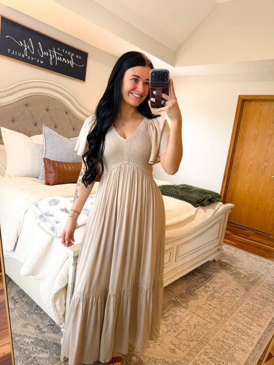 Raeley Smocked Dress- Cashew Milk