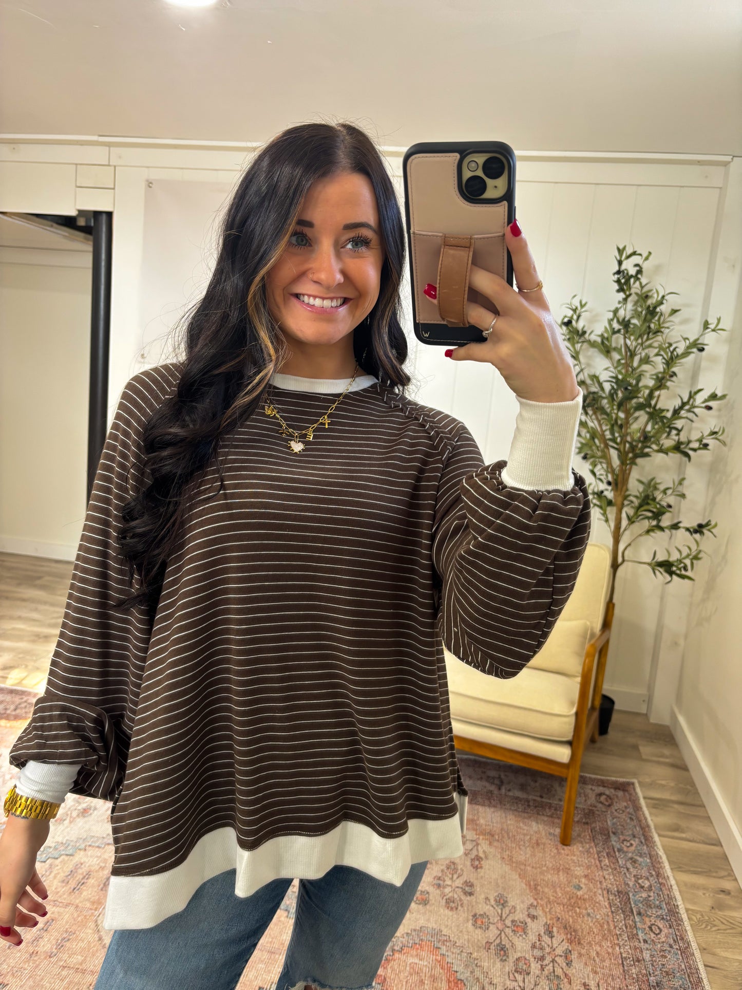 Beck Striped Long Sleeve Top- Dark Chocolate