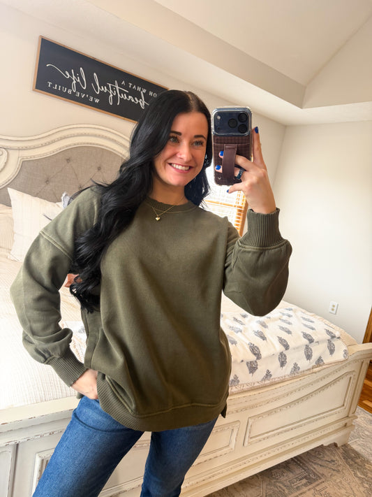 Ellie High Low Pullover- Dk Olive
