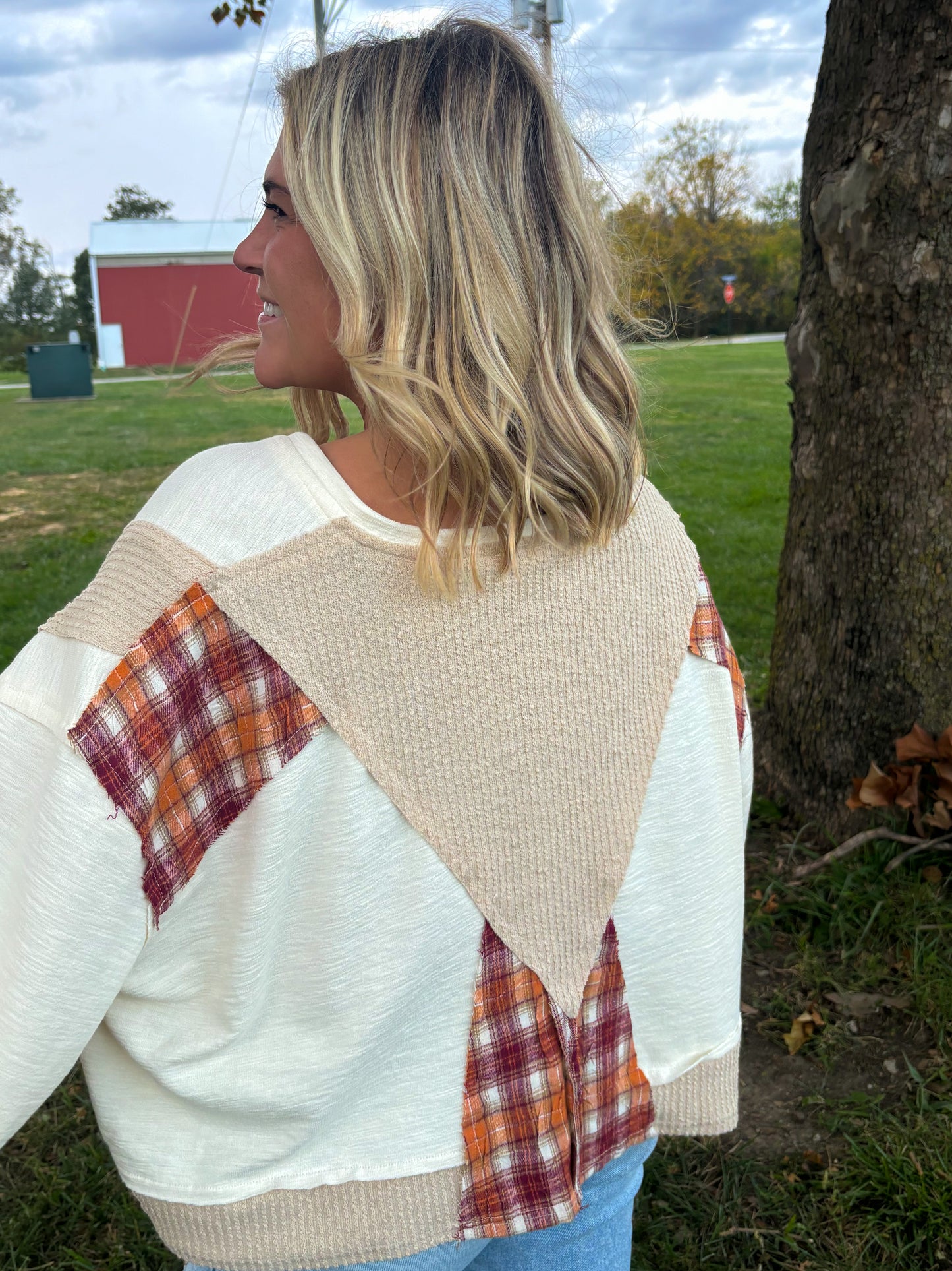 Plaid Mixed Media Hayride Sweater- Marshmellow