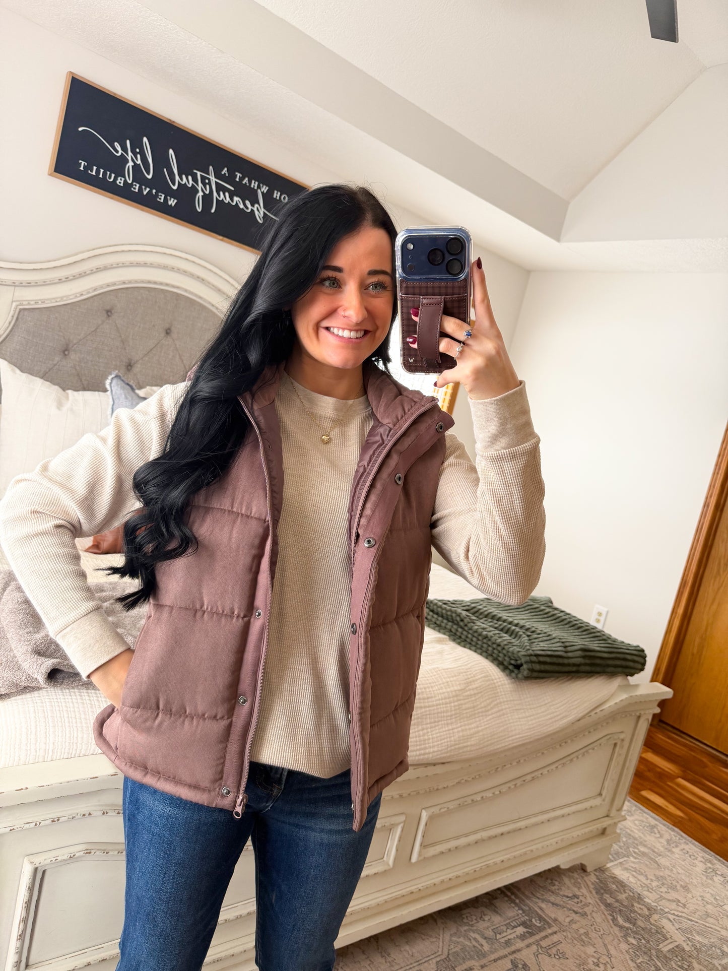 Suede Puffer Vest- Cocoa