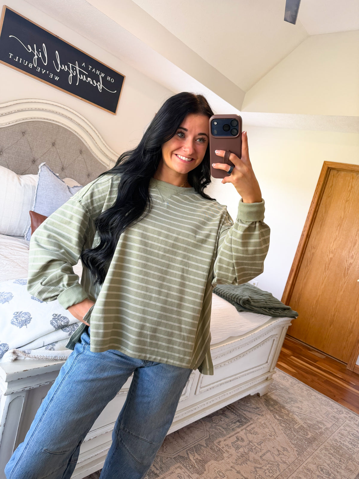 Beck Striped Top- Dusty Olive